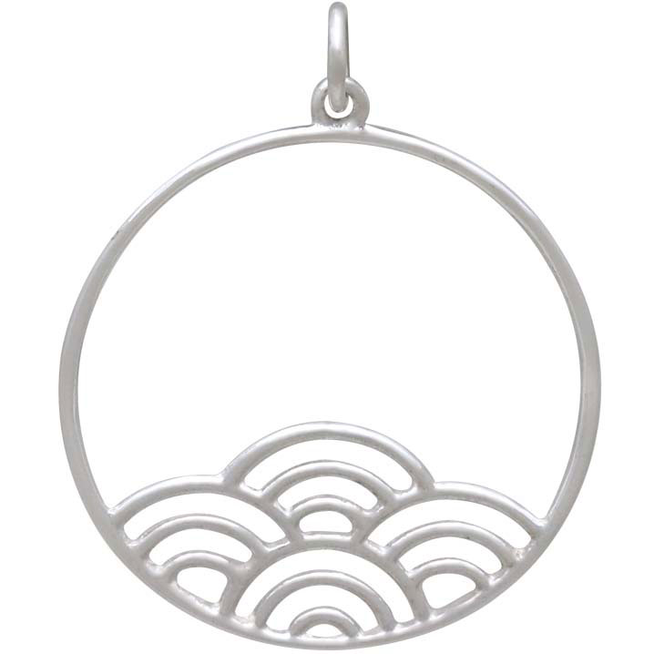 Sterling Silver Circle Charm with Wave Pattern 30x25mm