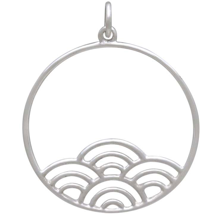 Sterling Silver Circle Charm with Wave Pattern 30x25mm