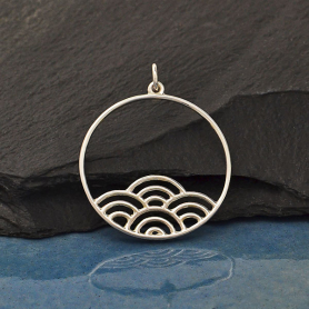 Sterling Silver Circle Charm with Wave Pattern 30x25mm