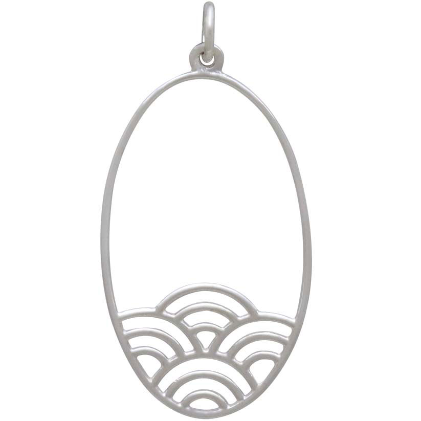 Silver Oval Charm with Wave Pattern 36x18mm