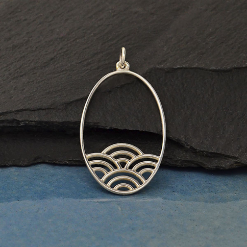 Silver Oval Charm with Wave Pattern 36x18mm