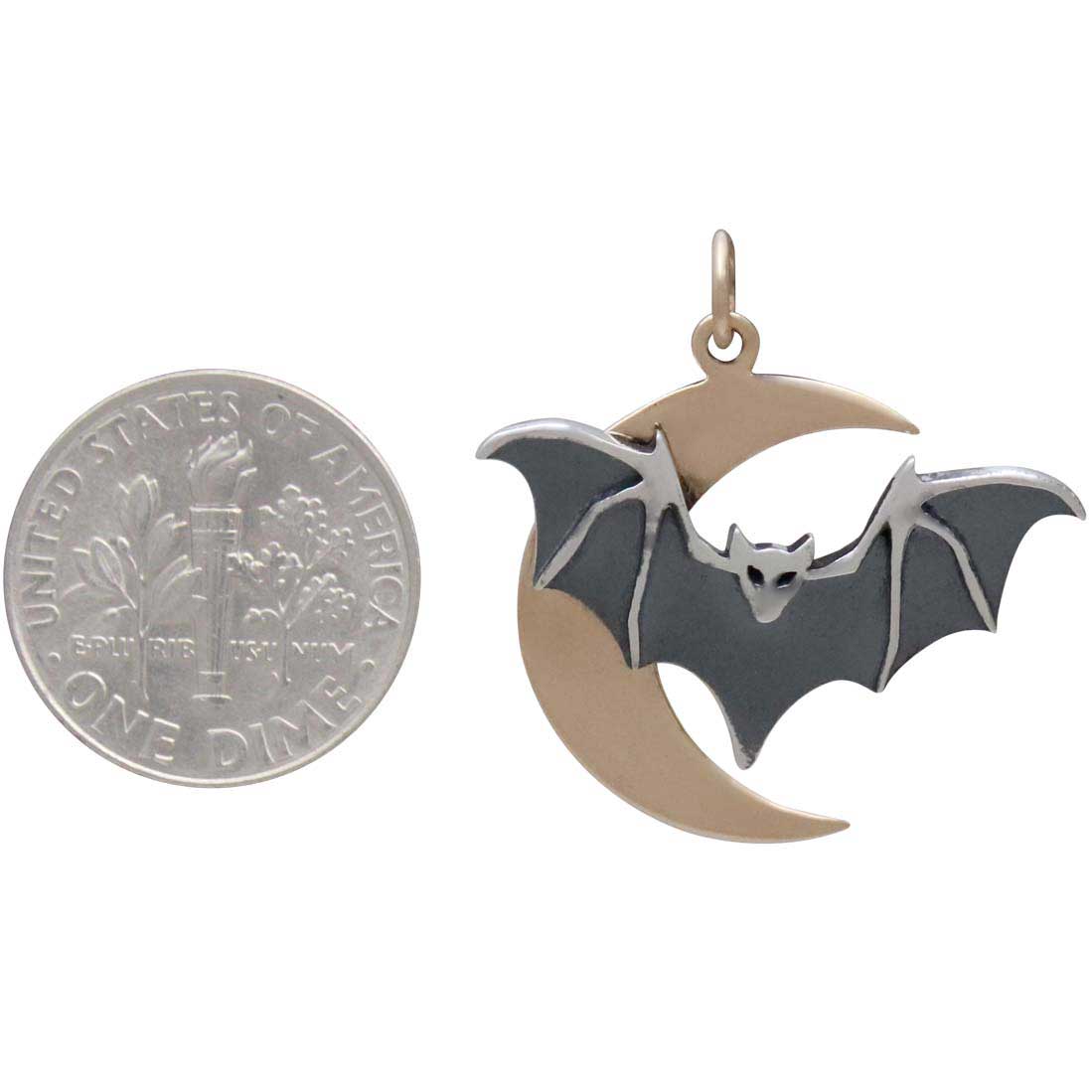 Sterling Silver Layered Bat Charm with Bronze Moon 27x26mm