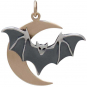 Sterling Silver Layered Bat Charm with Bronze Moon 27x26mm