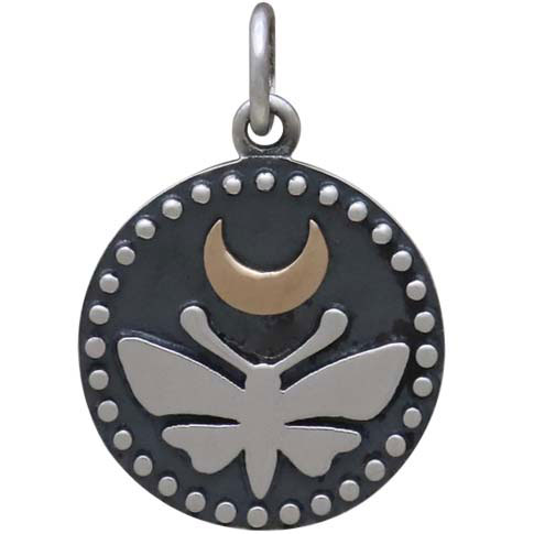 Sterling Silver Moth Charm with Bronze Moon and Dots 21x15mm
