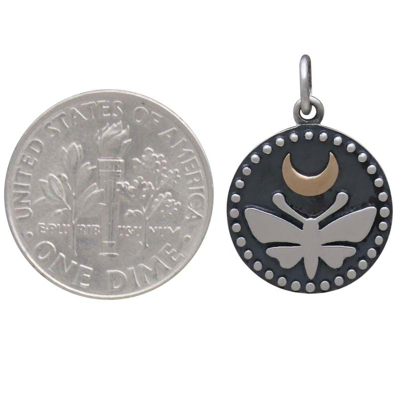 Sterling Silver Moth Charm with Bronze Moon and Dots 21x15mm