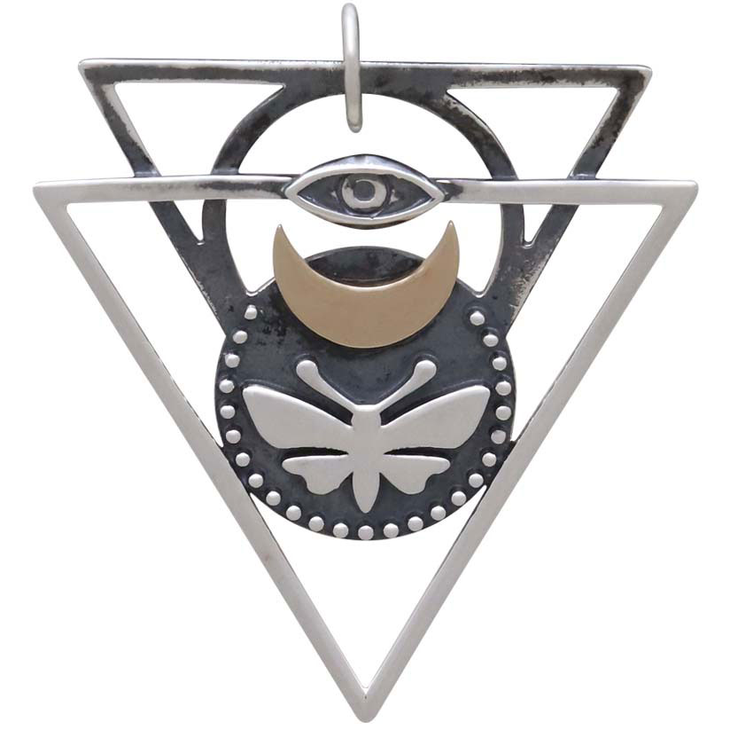 Mixed Metal Triangle Pendant with Moth and Eye 36x31mm