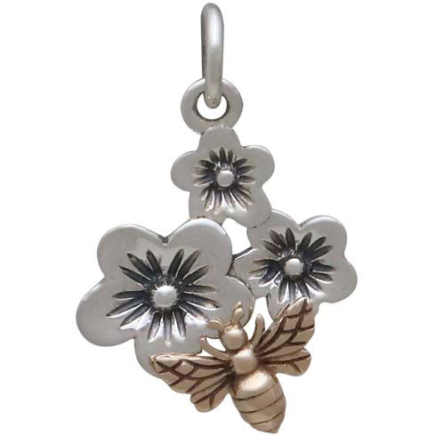 Silver Triple Cherry Blossom Charm with Bronze Bee 21x13mm