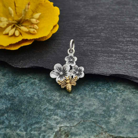 Silver Triple Cherry Blossom Charm with Bronze Bee 21x13mm