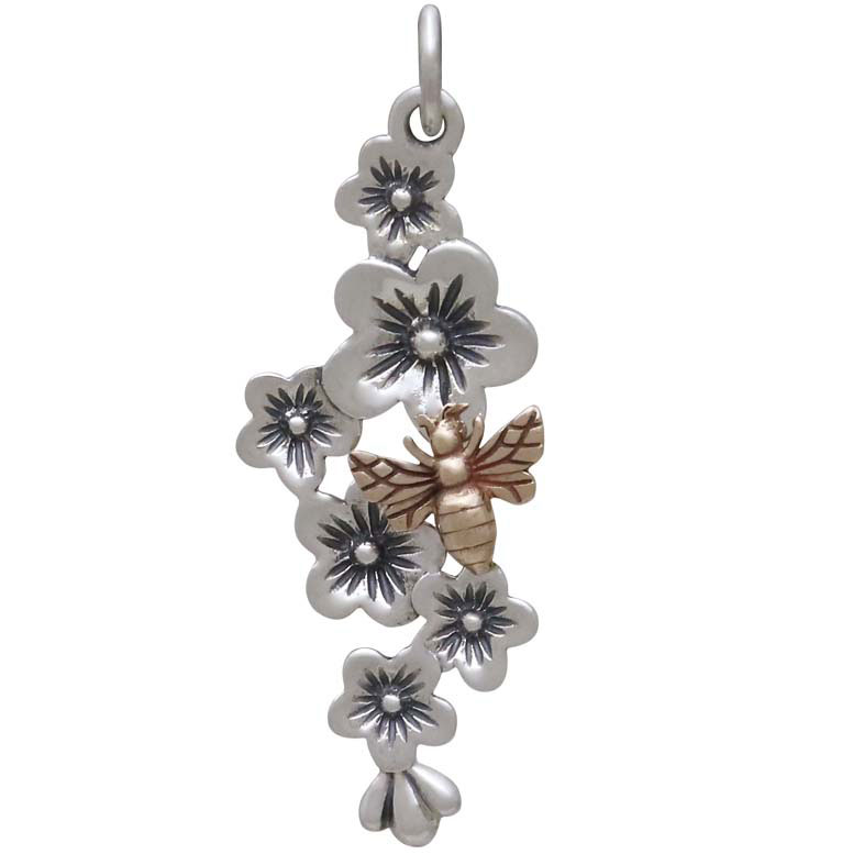 Silver Cherry Blossom Cluster Charm with Bronze Bee 33x12mm