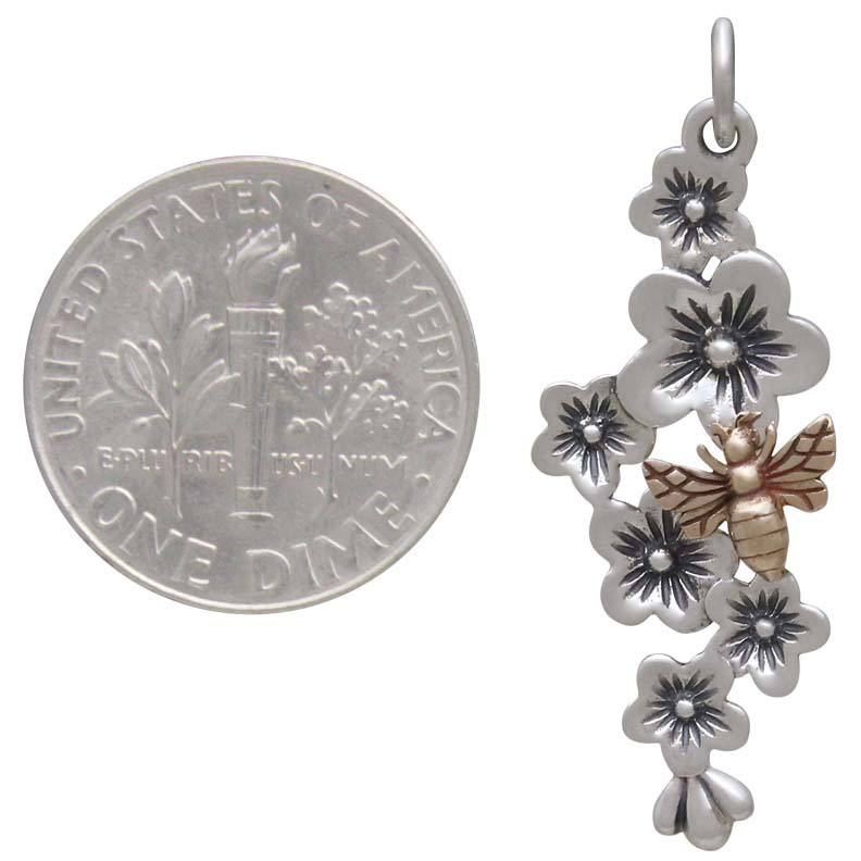Silver Cherry Blossom Cluster Charm with Bronze Bee 33x12mm
