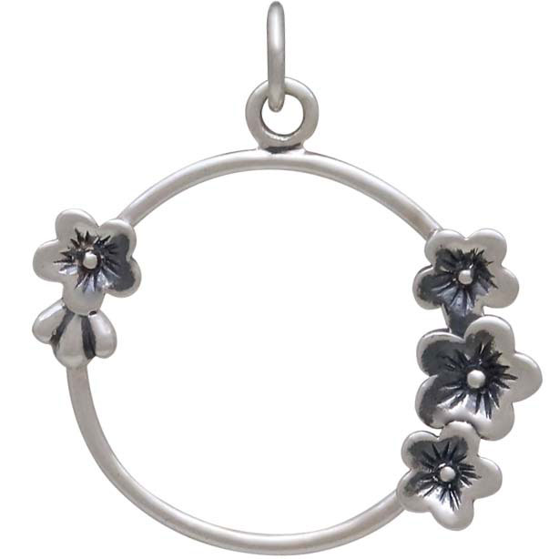 Sterling Silver Circle Charm with Cherry Blossoms 26x24mm