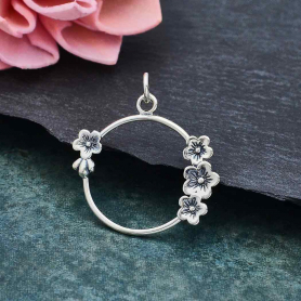 Silver Circle Charm with Cherry Blossoms 26x24mmDISCONTINUED