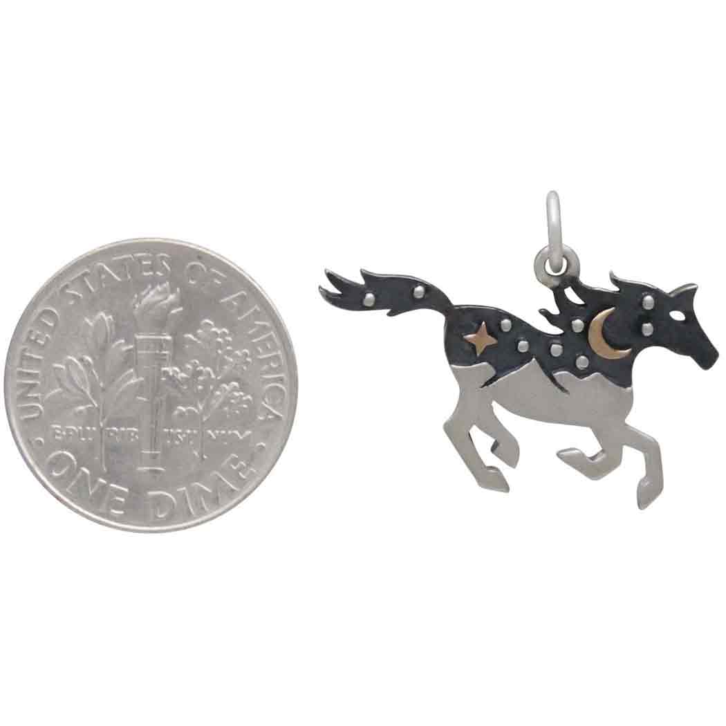 Silver Horse Charm with Mountains and Bronze Moon 20x25mm