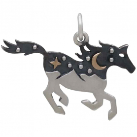 Silver Horse Charm with Mountains and Bronze Moon 20x25mm