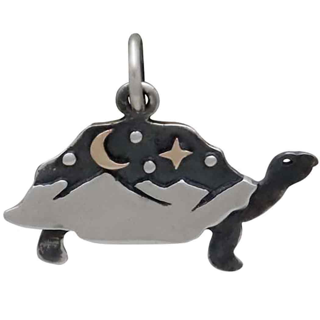Silver Tortoise Charm with Mountains and Bronze Moon 17x20mm