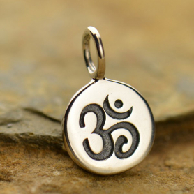 Sterling Silver Small Round Charm with Etched Om 13x8mm
