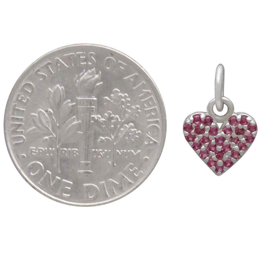 Sterling Silver Heart Charm with Pink Nano Gems 12x8mm