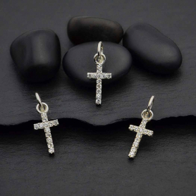 Sterling Silver Cross Charm with Clear Nano Gems 16x6mm