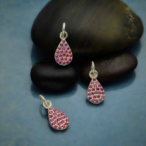 Sterling Silver Teardrop Charm with Pink Nano Gems 14x6mm