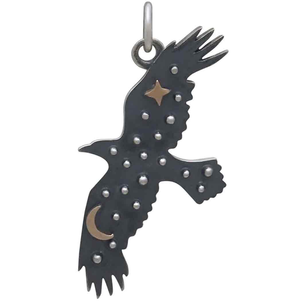 Silver Raven Charm with Bronze Star and Moon 26x16mm