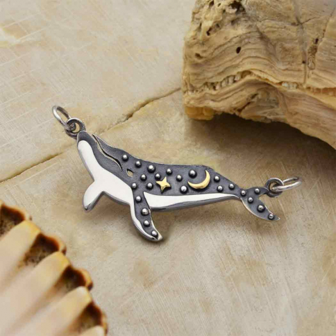 Silver Whale Charm with Bronze Star and Moon 18x36mm