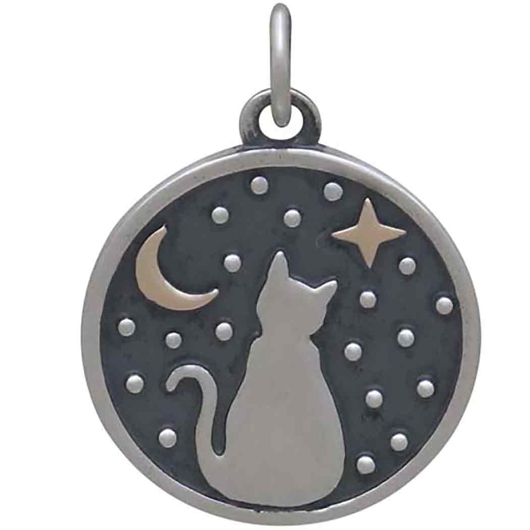 Silver Gazing Kitty Charm with Bronze Star and Moon 21x15mm