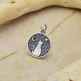Silver Gazing Kitty Charm with Bronze Star and Moon 21x15mm