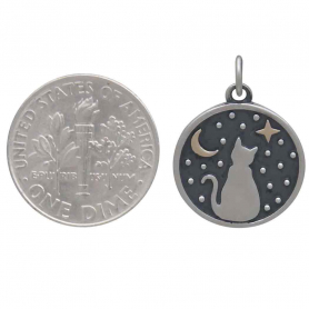 Silver Gazing Kitty Charm with Bronze Star and Moon 21x15mm