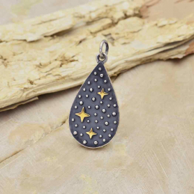 Sterling Silver Teardrop Charm with Bronze Stars 28x13mm