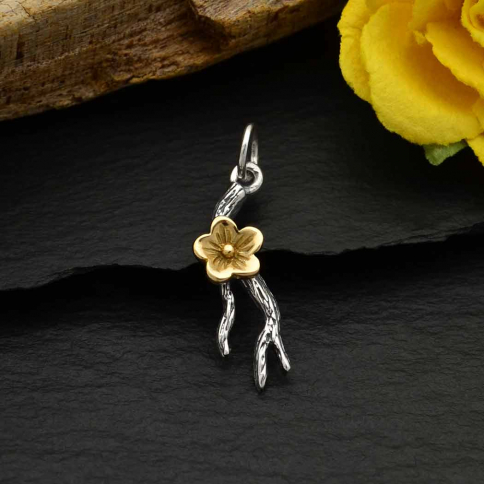 Silver Branch Charm with Bronze Cherry Blossom 22x6mm