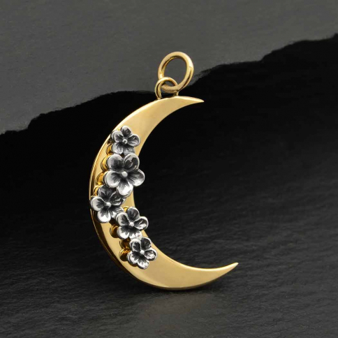 Bronze Moon Charm with Silver Cherry Blossoms 28x16mm
