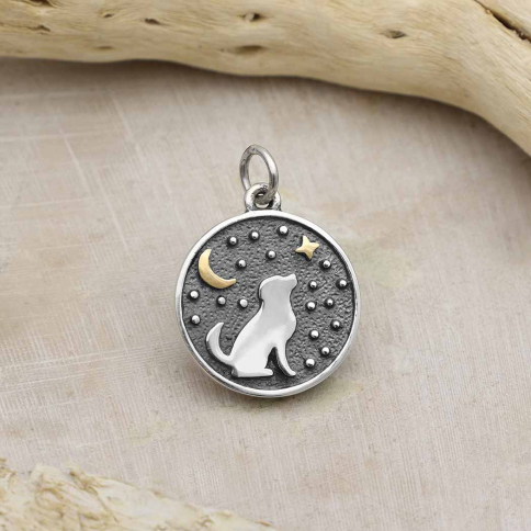 Silver Gazing Dog Charm with Bronze Star and Moon