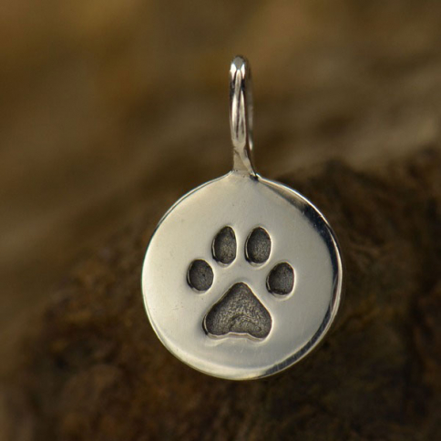 Sterling Silver Round Charm with Etched Paw Print 13x8mm