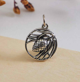 Sterling Silver Pineneedle and Pinecone Charm 19x13mm