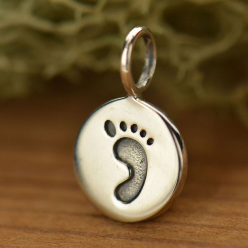 Sterling Silver Round Charm with Etched Footprint 13x8mm
