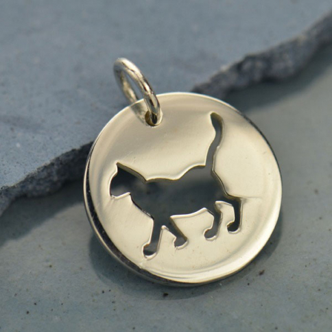 Silver Round Charm with Cutout Cat 15x12mm