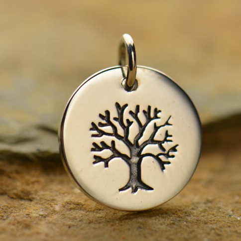 Sterling Silver Etched Tree of Life on Round Charm 16x12mm