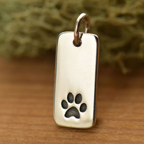 Sterling Silver Paw Print Charm on Rectangle Tag 18x7mm