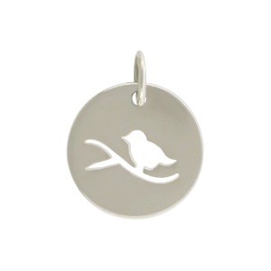 Sterling Silver Round Charm with Perched Bird Cutout 16x13mm