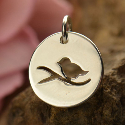 Sterling Silver Round Charm with Perched Bird Cutout 16x13mm