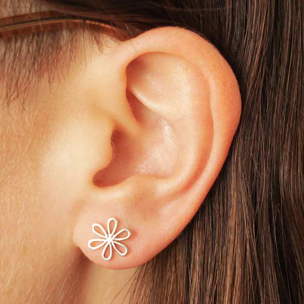 Sterling Silver Stud Earrings - Daisy 10x10mm on ear