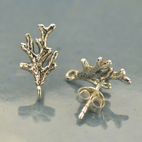 Silver Stud Earring - Coral Branch with Loop 14x7mm