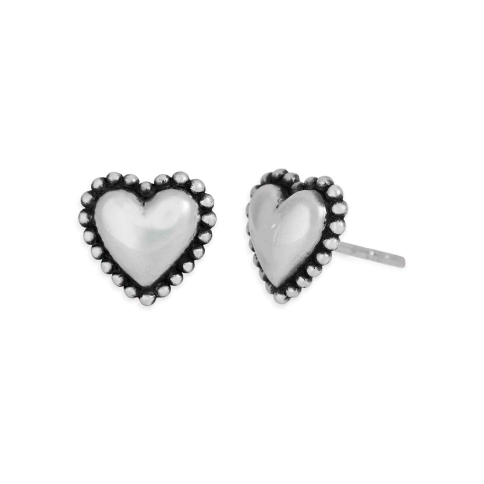 Nina Designs Silver Puffy Heart Post Earrings w Granulated Trim 10x11mm