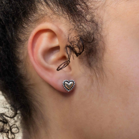 Mixed Metal Puffy Heart Post Earrings Granulated Trim 10x11 on model