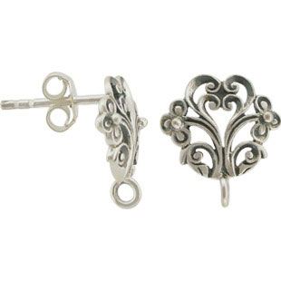 Silver Stud Earring - Floral Pattern with Loop 13x12mm