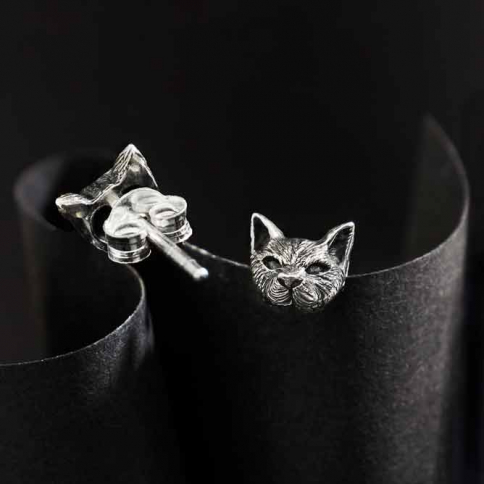 Sterling Silver Cat Head Post Earrings
