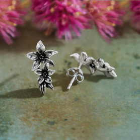 Sterling Silver Flower and Leaves Post Earrings 16x10mm