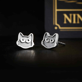 Sterling Silver Black Cat Face Post Earrings 7x8mm
