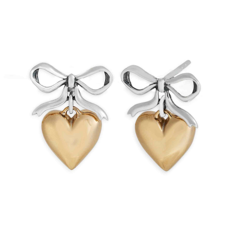 NinaDesigns Silver Bow Post Earrings with Bronze Heart Dangle 18x14mm