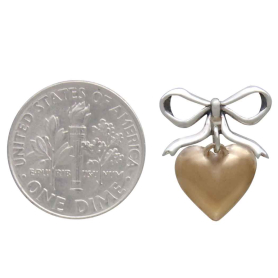 Silver Bow Post Earrings with Bronze Heart Dangle with Dime